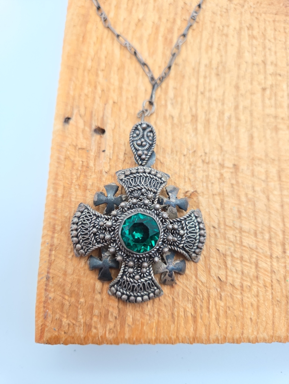 Antique 950 Sterling Silver Jerusalem Maltese‎ Cross Green Stone Pendant